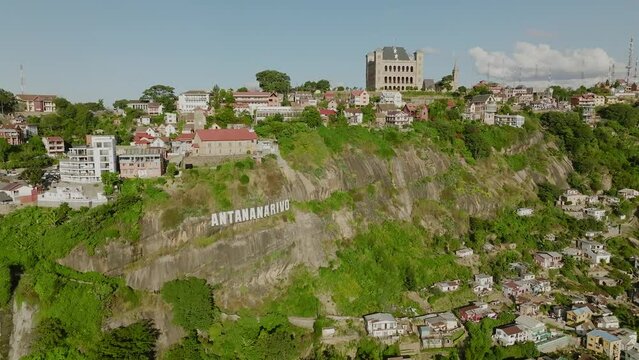 Antananarivo - capital city of Madagscar with Rova - palace of kings on the hill. - long drone shot