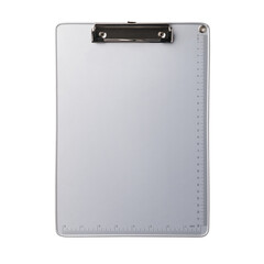 Silver clipboard with clip at the top for papers. Single clipboard, writing board without papers. Realistic, photography, isolated on white background.