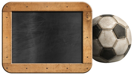Old leather soccer ball and an empty blackboard with copy space isolated on white or transparent...