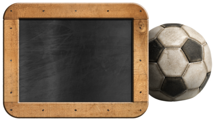 Old leather soccer ball and an empty blackboard with copy space isolated on white or transparent background, png.