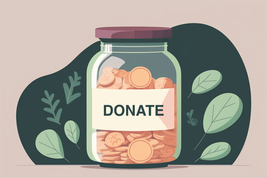 The concept of donation jar concept. Fundraising. Donate help. Glass money jar full of gold coins