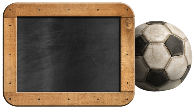 Old leather soccer ball and an empty blackboard with copy space isolated on white or transparent background, png. - Powered by Adobe