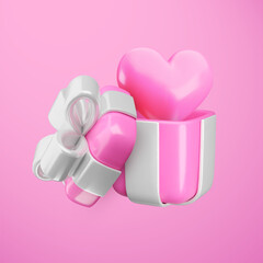 Fototapeta premium Vector 3d Valentines love gift box concept. Cute pink open present with silver ribbon, bow and heart balloon inside. Realistic 3d render glossy surprise illustration for Valentines day, Mothers Day.