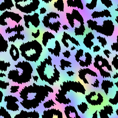 Trendy Neon Leopard seamless pattern. Vector rainbow wild animal leo skin, cheetah texture with black spots on iridescent gradient background for fashion print design, textile, wrapping paper.