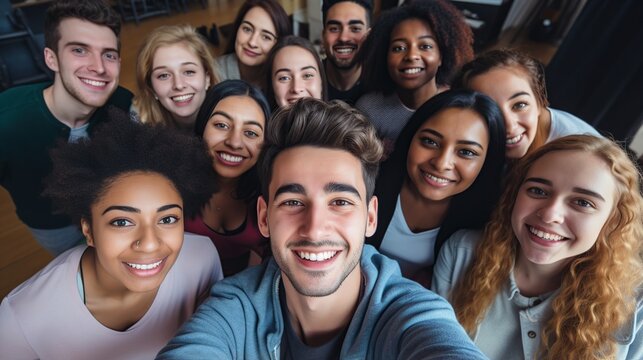 Portrait of a happy multiracial group of friends taking a photo on class. AI generated image
