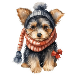 Watercolor cute dog in winter clothes, dog portrait. Generative AI, png image.