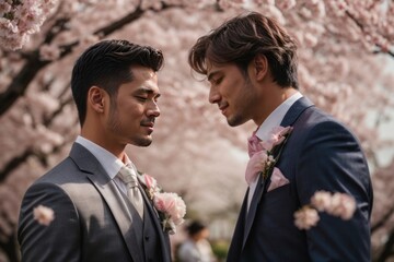 Wedding of two Asian gay men dressing suits with a boutonniere on a background of blooming pink sakura. LGBT, love concepts