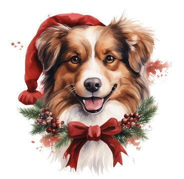 Watercolor Christmas dog. Generative AI, png image.