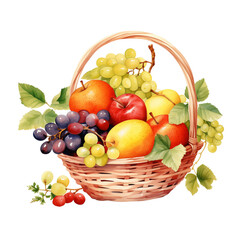 Watercolor fruit basket. Generative AI, png image.