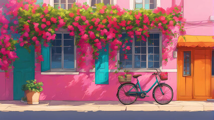 Fototapeta na wymiar A cycle in front of a pink wall with bougainvillea flowering plant on top of it.