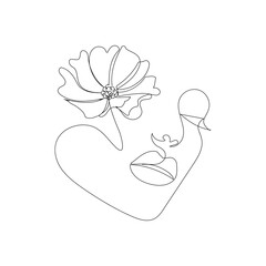 The face of a beautiful woman with a flower. In the style of line art, one continuous line. Hand drawing. For decoration, photo, print, interior
