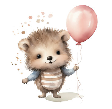 Watercolor hedgehog with a balloon. Generative AI, png image.