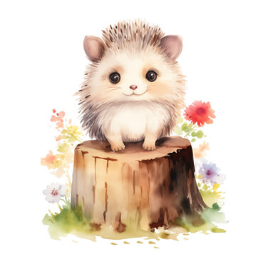 Watercolor cute hedgehog. Generative AI, png image.