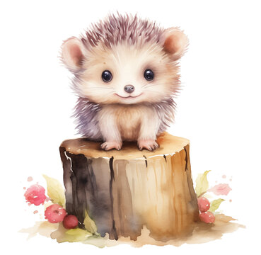 Watercolor cute hedgehog. Generative AI, png image.