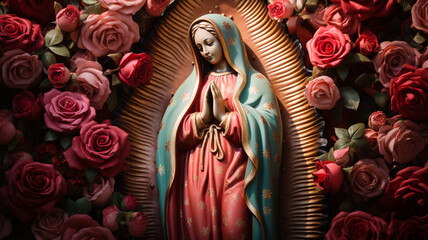 Statue of Saint Mary of Guadalupe (Virgen de Guadalupe) in honor of the celebration of the Mexican holiday of December 12 - obrazy, fototapety, plakaty