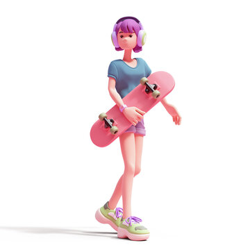 Cute smiling kawaii funny asian colorful purple-haired k-pop girl wears fashion clothes blue t-shirt, shorts, green headphones holds a red skateboard in one hand. 3d render isolated transparent.