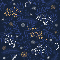 Merry Christmas, Happy New Year seamless pattern with fir branch, holly leaves and berries for greeting cards, wrapping paper. Seamless winter pattern. Vector illustration.