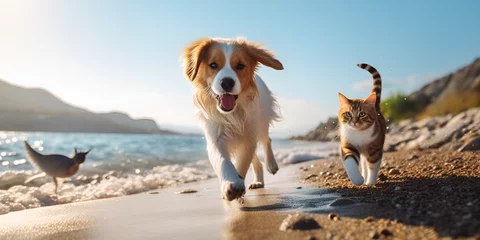 Foto op Plexiglas dog and cat friendship, puppy sit play on sunset in sea water on beach wild field AI Generative © Kalsoom