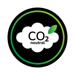 CO2 neutral sticker design. Zero carbon footprint, CO2 neutrality, carbon gas emissions reduction certificate sign. White cloud with CO2 neutral label on dark black background vector illustration.