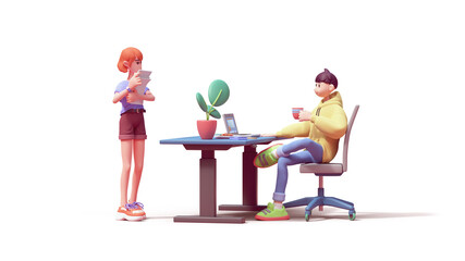 Cute happy funny red-haired girl worker holds documents, discusses new project with colleague programmer guy sits cross-legged on office chair at computer desk. 3d render isolated transparent.