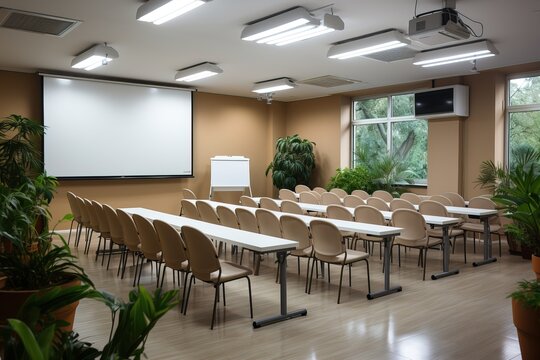 The conference room is empty and the screen and chairs are Scandinavian style