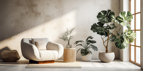 Modern living room with sofa and interior plant mockup