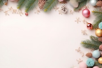 Fototapeta na wymiar a colorful christmas border with christmas brance, pine tree leaf, little lamps decoration, soft pastel background for flat lay, generative ai