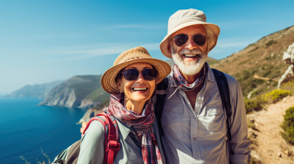 Active senior Caucasian couple hiking in mountains enjoying their adventure as well as vacationing