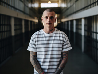 Fototapeta premium portrait of tattooed man in prison uniform standing in prison lobby, detained for crime