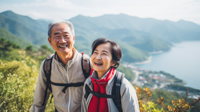 Active senior Asian couple hiking in mountains enjoying their adventure as well as vacationing