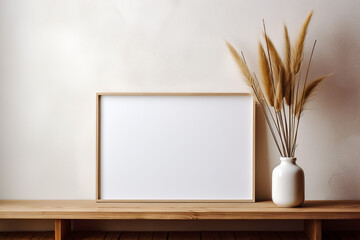 Mock up poster frame and vase with pampas grass on white wall background