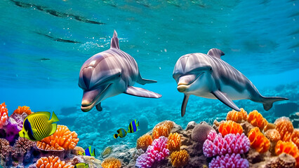 colorful tropical underwater theme with dolphins, Generative AI