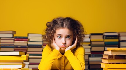 Little schoolgirl bored and tired thinking with stacked books isolated yellow background. AI generated