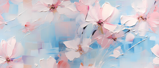 Abstract watercolor painting with white and pink flowers on blue background.