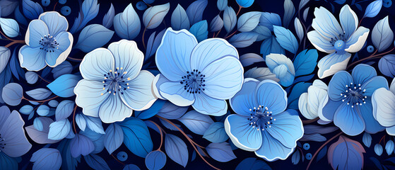 Floral background. Blue flowers and leaves on a blue background.