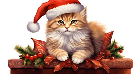 Convey the enchantment of Christmas with a captivating clipart of a cat in Santa attire, capturing the essence of the season's magic in intricate detail.