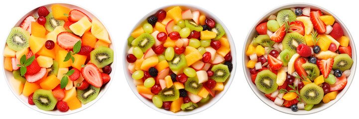 Fruit salad collection, mix of berries and seasonal fruits in a bowl, isolated on transparent background