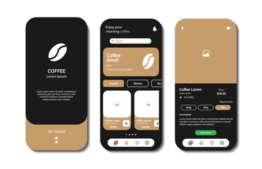 Application to buy coffee beans. Collection of online coffee shop interface templates. Responsive GUI for mobile applications - obrazy, fototapety, plakaty