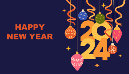 Happy new year 2024 writing with Christmas decorations, toys and confetti. Holiday greeting card design. Vector cartoon illustration