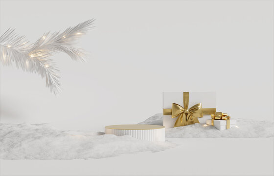 3D background, podium display. White  gift box in snow for beauty product presentation or text. Winter scenery with fairy lights and tree. 3D render, snowy Christmas mockup.