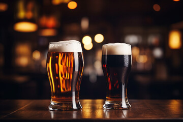 glasses of beer on a wooden table in a pub or restaurant