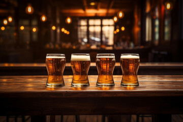four glasses of beer on a wooden table in a pub or restaurant - obrazy, fototapety, plakaty