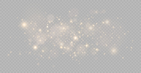 The light of gold dust. bokeh light effect background. Christmas glowing dust background. Yellow flickering glow with confetti bokeh light and particle motion. The dust sparks and golden stars shine.  - obrazy, fototapety, plakaty