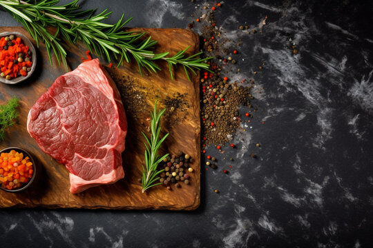 Raw beef steak with spices and herbs on black background, top view