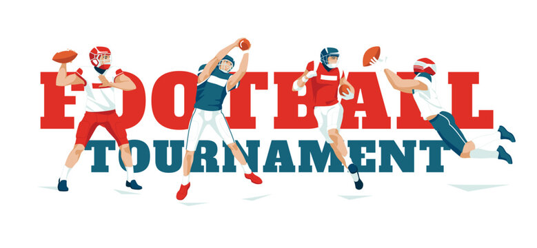 American football, rugby players wearing sports uniforms in various poses on a large text background. Advertisement of matches, competitions, sports clubs. Vector flat illustration