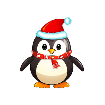 a penguin wearing a red scarf and hat