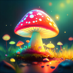 Psychedelic fairytale fly agarics on a blurred glowing background - obrazy, fototapety, plakaty