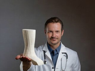 médecin en tenue avec un stéthoscope,  tient dans sa main un objet imprimé en 3D, tel qu’une attelle ou un plâtre pour tibia - Technologie en médecine