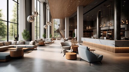 Modern reception lobby area and interior design of a luxury Hotel  - obrazy, fototapety, plakaty