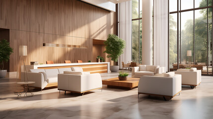 Modern reception lobby area and interior design of a luxury Hotel 